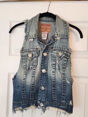 True Religion Distressed Light Blue Denim Vest